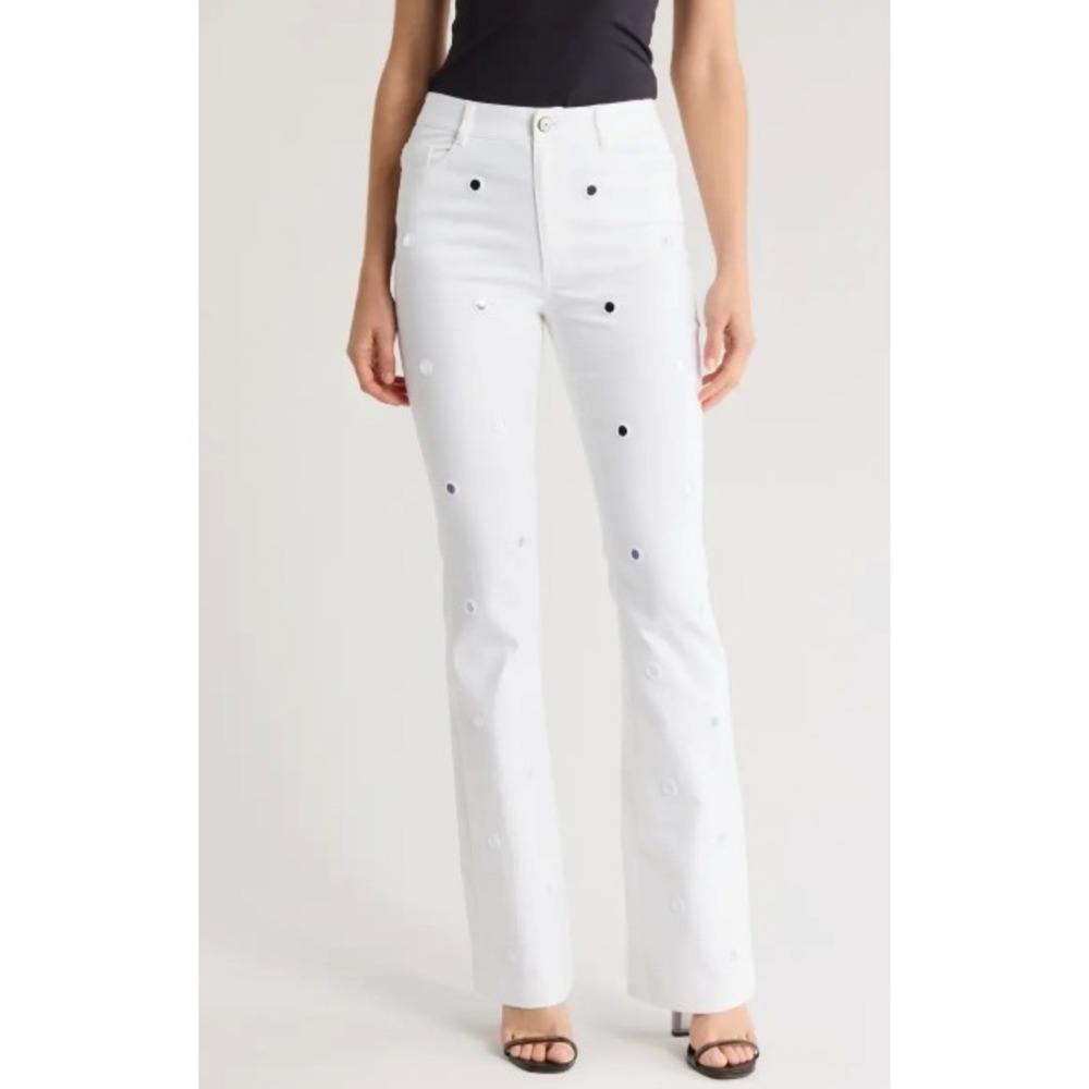 NWOT Cinq à Sept Shilene Mirror Sequin Flare Pants Womens 10 Festival Chic Cyber